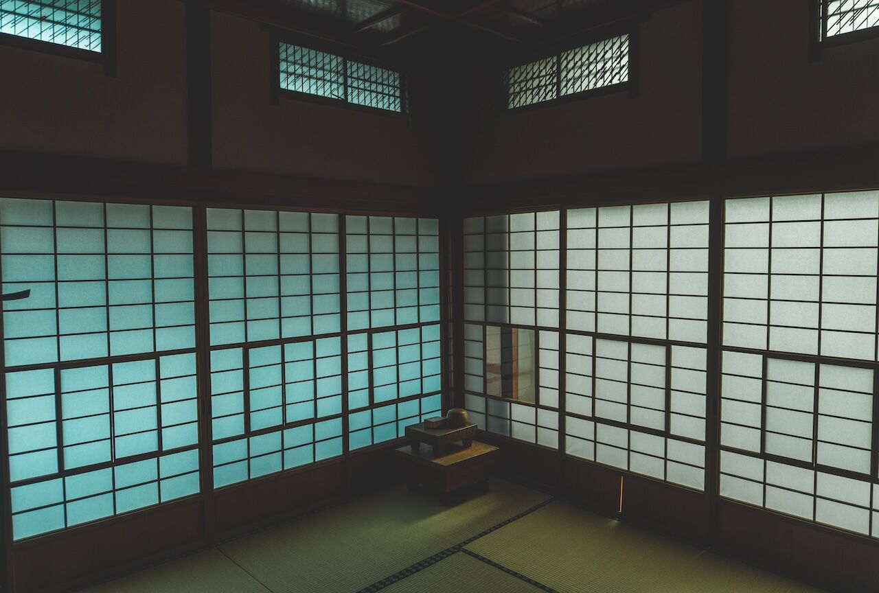 Light filtering through paper screens on second floor