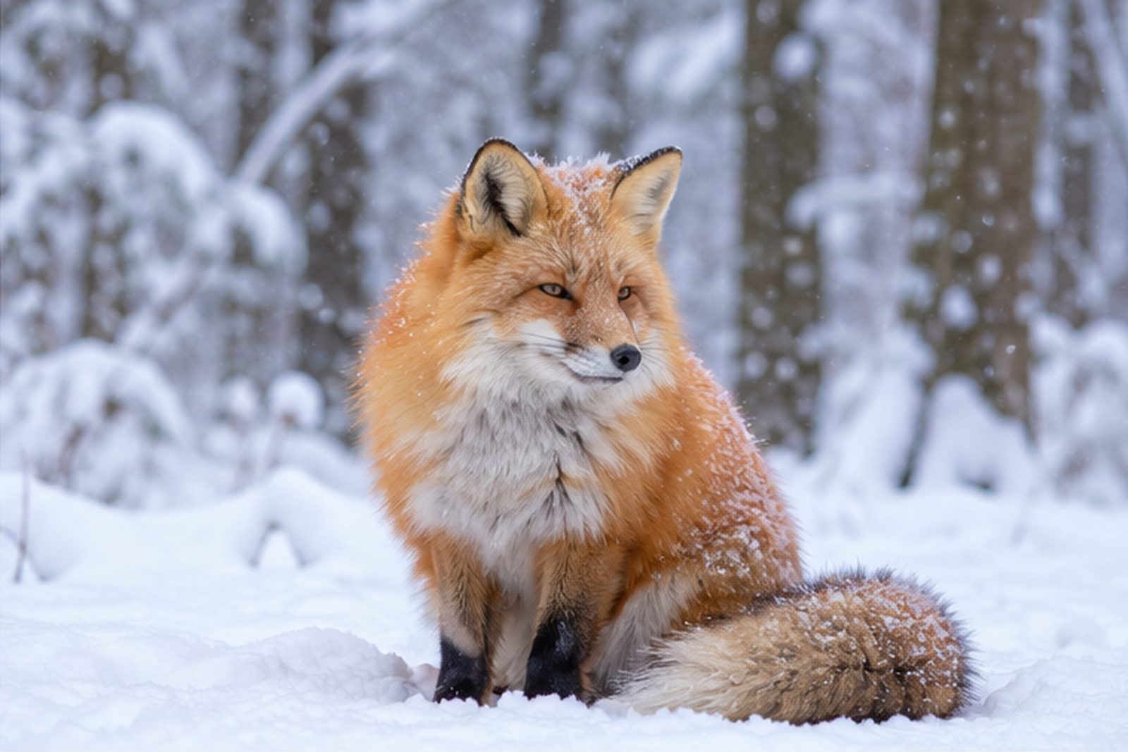 A fox with a thick winter coat in the snow